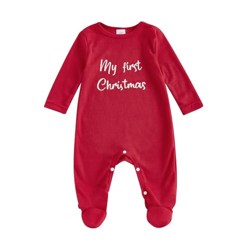 Newborn Baby Boy Girl Christmas Outfit Long Sleeve Waffle Knit My First Christmas Footie Romper Jumpsuit Xmas Clothes