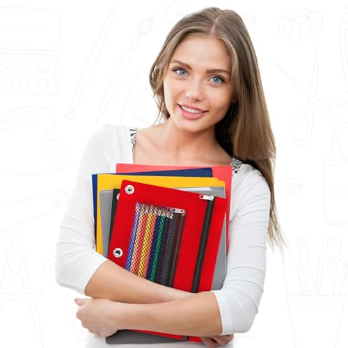Image of Pencil Pouch for 3 Ring Binder - 3 Hole Zipper Pen Case Bag Holder Bulk Accessories Clear Window Aesthetic Organizer Pockets (Red)