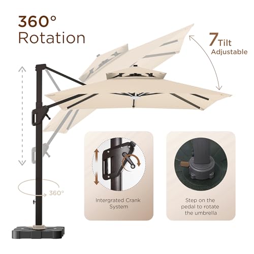 Image of 10' X 13' Patio Umbrella with Weighted Base and LED Lights Outdoor Cantilever Large Rectangle Offset Umbrellas Heavy Duty Aluminum Double Top with 360-degree Rotation for Pool Garden Deck, Beige