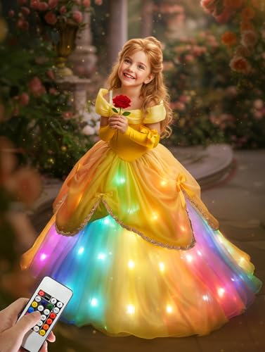 BLINGCOS Princess Costume for Girls, Syncs Music RGB Light Up Princess Dress up for Girls Aged 3-10, World Book Day Fancy Dress Halloween Costumes