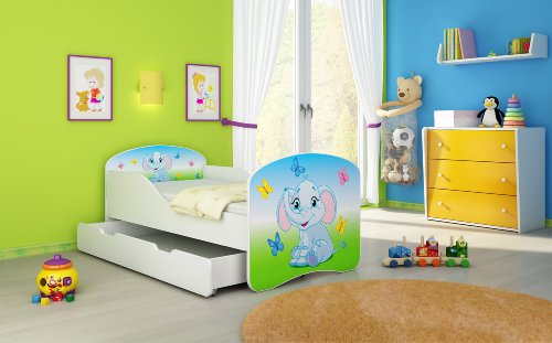 Cama infantil Clamaro Traumland, con protector anticaída (34 estampados y elección de nombre), 70 x 140 o 80 x 160, incluye colchón, somier, estructura (cajones con ruedas), sin cantos ni bordes afilados gracias a sus protectores, laterales regulables 27 Farbiger Elefant Talla:80x160 cm (mit Bettkasten)