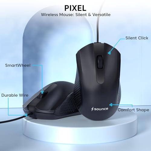 Image of Sounce Pixel Wired Mouse with 1200 DPI Optical Sensor, USB Plug & Play, 1.25M Cable, Smooth Control, 50 Lakh Click Life for Laptop, Desktop & PC (Black)