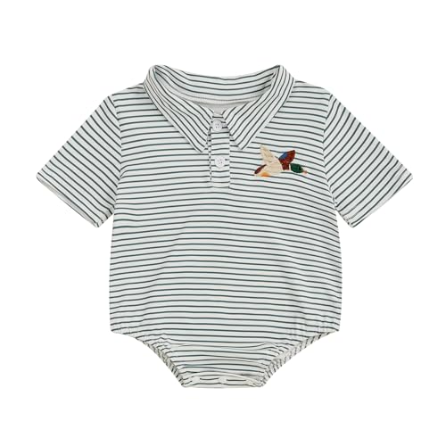 Image of MAINESAKA Toddler Baby Boy Girl Summer Clothes Mallard Duck Polo Shirt Romper Short Sleeve Button Up Stripe Jumpsuit T-shirt