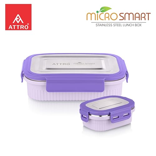 Image of ATTRO Micro Smart Stainless Steel Lunch Box with Inner Steel Body, Microwave Safe Without Lid, Airtight Leakproof with Small Container for Office, School Kids & Outdoor Use - 800ml+180ml-Purple