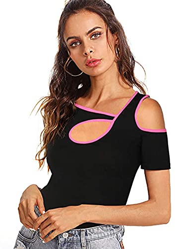 SheIn Women s Cutout Short Sleeve Cold Shoulder Ribbed Knit T-Shirt Top Contrast Hot Pink X-Large