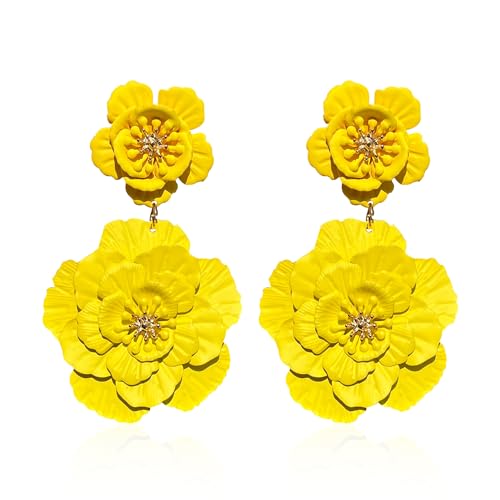 QIAOLEHUI Bohemian Daisy Flower Matte Floral Petal Drop Dangle Earrings Layered Tiered for Women Boho Wedding Jewelry (Yellow)