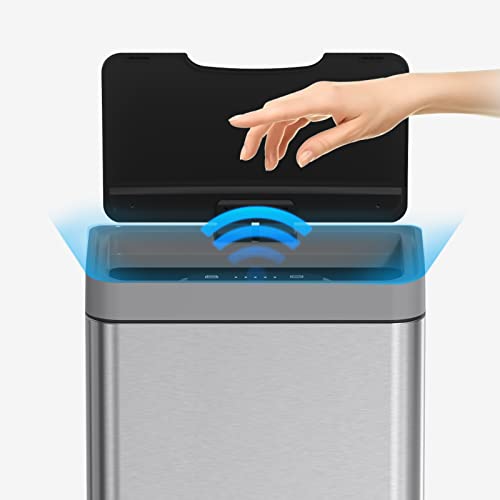 Image of Mbillion 15 Gallon Touchless Motion Sensor Trash Can | Rectangularsilver smart garbage can with lid, automatic touchless design for kitchen, bedroom, home & office use