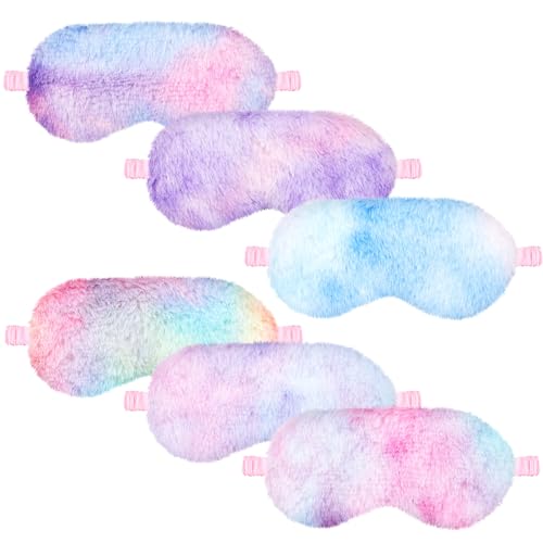 Cuffbow 6 Pack Plush Sleep Mask Set, Cute Plush Eye Masks for Sleeping, Soft Comfortable Travel Nap Blindfold, Sleepover Party Favors for Women(Tie Dye,Rainbow)