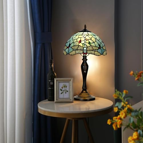 Image of TL0023 Tiffany Style Dragonfly Table Lamp Stained Glass Blue Shade Reading Desk Light 12 X 20 Inches for Bedroom Living Room Home Office, Vintage Handcrafted Accent Decor, LED Blub Included