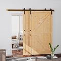 SKYSEN 42in x 84in Double Sliding Barn Doors with 8FT Single Track Bypass Barn Door Hardware Kit, Unfinished Spruce Wood, Save Spacing, Easy to Install, Maximum Fit 73in Openning.(42-84-8FT-DGJ)