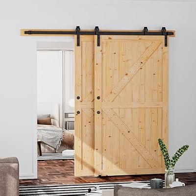 SKYSEN 42in x 84in Double Sliding Barn Doors with 8FT Single Track Bypass Barn Door Hardware Kit, Unfinished Spruce Wood, Save Spacing, Easy to Install, Maximum Fit 73in Openning.(42-84-8FT-DGJ)
