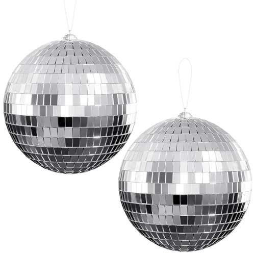 Youdepot Disco Ball 4" Inch 2-Pack,Silver Hanging Ball with Attached String for Ring,Reflects Light,Fun Party Home Bands Decorations,Party Favor.
