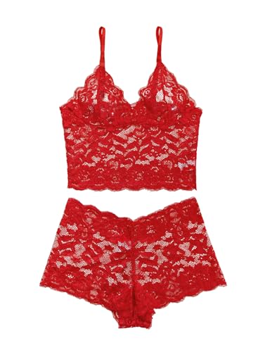 Image of Lilosy Sexy Sheer Floral Lace Pajamas Lingerie Set High Waist Sleepwear Bra and Panty 2 Piece Nightwear