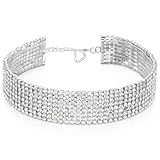 FdcLixuvol Rhinestone Choker Silver Sparkling Choker Necklace for Women Sparkly Crystal Rhinestone Wide Chokers Adjustable Iced Out Jewelry Necklace for Bridal Wedding