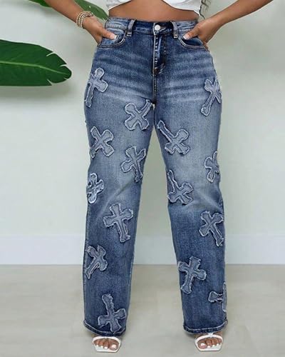 Womens High Waist Cross Jeans Stretchy Y2K 90s Baggy Casual Plain Straight-Leg Denim Jeans3