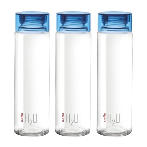 CELLO H2O Glass Water Bottle Set of 3 Pcs for Office & Daily Use 920 ml, Blue | Durable Freezable & Fridge Safe, Leakproof Wide Mouth Leadfree Toughened Glass Water Bottle For Kitchen & Travel