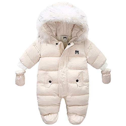 JELEUON Baby Girls Boys One Piece Footed Hooded Fur Trim Winter Warm Down Jacket Jumpsuit Romper Snowsuit with Gloves Beige