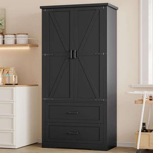 Image of BORNOON Pantry Organizers and Storage Cabinet, 71 inch Barn Door White Kitchen Cabinet with Drawers and Adjustable Shelf, Tall Pantry for Kitchen, Dining Room, Living Room. Bathroom and Office