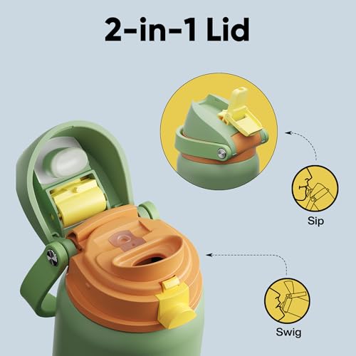 Image of Insulated Water Bottle with Straw - Encool Stainless Steel Water Bottle with Push Button Lid, Leak-Proof & BPA-Free, Keeps Cold for 24 Hours for Sports, Travel, Gym (32 oz, Lichen-Yellow)
