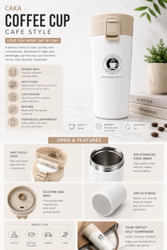 Image of 350ml Stainless Steel Travel Coffee Mug - Double Wall Vacuum Insulated Thermal Tumbler with Leakproof Flip Lid | Hot & Cold Coffee Cup for Office, Travel & Car (White)
