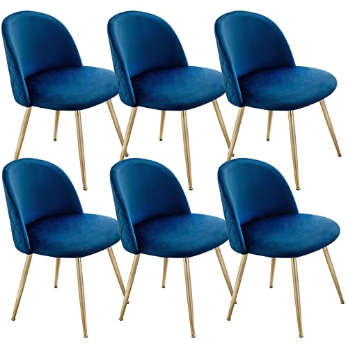 ZHENGHAO Set of 6 Upholstered Kitchen Chairs, Velvet Tufted Accent Dining Room Chairs Modern Mid Century Wingback Side Chair for Living Room Bedroom Vanity (Blue)