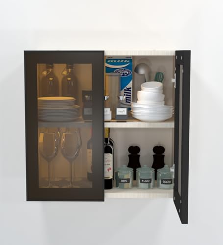 Image of SPECIALITY PANELS Aluminium Black Profile 2 Brown Tinted Glass Handless Shutter Wall Cabinet with Space Organizer Wall Mounted Kitchen Storage Cupboard Modern Kitchen Furniture Unit (Highland Pine)