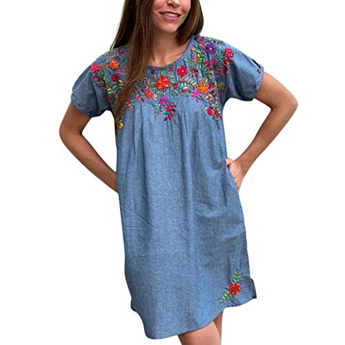 Summer Embroidered Dresses,PANPANY Ladies Sales Crew Neck Short Sleeve Loose Beach Dresses Casual Pure Color Plus Size Maxi Dress Cocktail Dress Blue