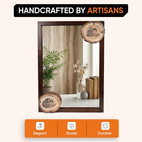 Image of AAKRITI ART CREATIONS Wooden Wall Mirror with Madhubani Painted Round Wooden Tiles