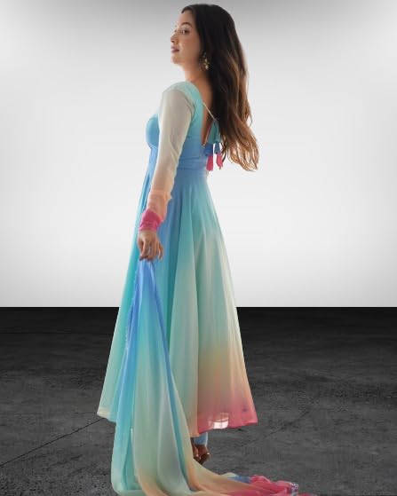 Image of Dhrumi Collection Women's Designer Multi Color Anarkali Kurta Pant Set with Dupatta | Anarkali V Neck Full Sleeve Kurti Ethnic Wear Gown Set