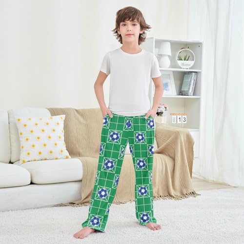 VIGTRO Pajama Pants Long Sleep Bottoms Green Net Blue Soccer, Soft Elastic Waist Lounge Pants with 2 Pockets Size 6-8 Years4