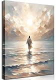 Jesus Walking on Water Canvas Wall Art Jesus Christian Posters Prints Sacred God Walking on Ocean Beach Painting Pictures for Living Room Bedroom Bathroom Office Wall Decor Framed