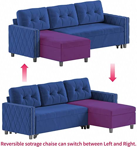 Mixoy Pull Out Sleeper Sofa With Storage, Reversible Sofa Couch, L-Shaped Sectional Sofa With Chaise And Pocket, Ideal For Living Room, Apartment And Office (Navy Blue, With Rivet) #TOP3
