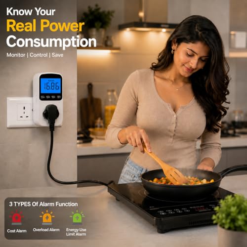Image of Blackt Electrotech BT72PM3 Digital Energy Meter Plug - (3-Pin) 230V Electricity Usage Monitor with LCD Display - Real-Time Watts, Volts, Amps, kWh & Cost Tracking - Home & Office Power Analyzer