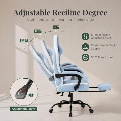 Image of Computer Gaming Chair - High Back Ergonomic Desk Chair with Footrest and Lumbar Support, Height Adjustable Task Chair with Linkage Armrests and Headrest, 360 Swivel Wheels, Blue