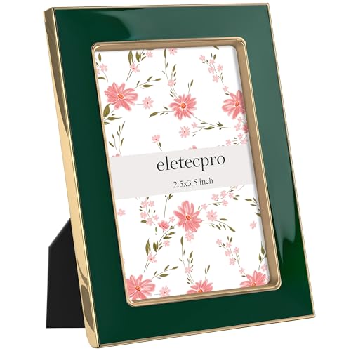 Image of eletecpro 2.5x3.5 Enamel Picture Frame with Real Glass Cover, Small Photo Frame with Gold Metal Edge, Horizontal and Vertical Display Pictures 2.5 by 3.5 for Tabletop and Wall Decor, Green, 1 Pack