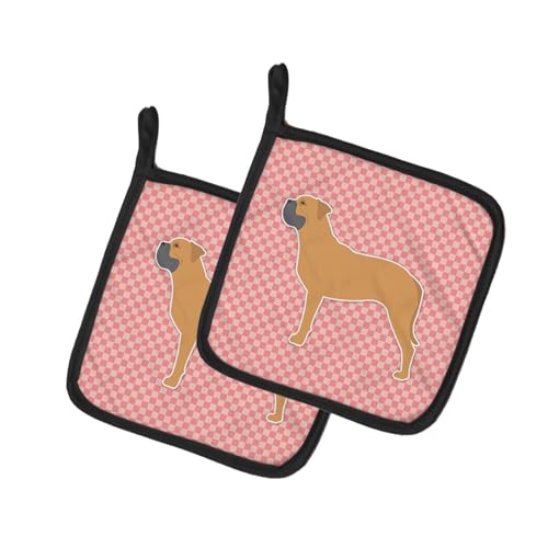 Caroline's Treasures BB3671PTHD Bullmastiff Checkerboard Pink Pair of Pot Holders Kitchen Heat Resistant Pot Holders Sets Oven Hot Pads for Cooking Baking BBQ, 7 1/2 x 7 1/2