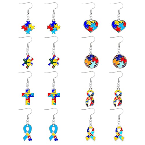 Dreuyet 8 Pairs Autism Awareness Earring Set for Women Girl Creative Multi Color Awareness Jigsaw Autism Puzzle Geometric Earrings Jewelry (8 Pairs Autism Puzzle)