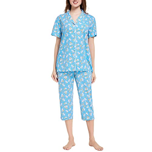 Image of Tugege Capri Pajamas Set Womens Button Down Short Sleeve Lounge Sets Sleepwear Notch Collar Top & Capri 2 Piece PJ Sets