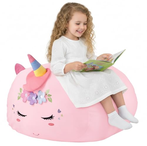 Childrens Bean Bag Cover for Soft Toys 24 x 24 x 19.7 in - Toy Storage for Childrens Room - Cuddly Toy Organiser for Plush Toys & Blankets Premium Velvet Zip - Unicorn