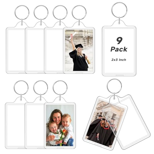 ZYFLSQ 9 Pcs Photo Keychain Acrylic Picture Keychain Holder for Insert 2 x 3 Inch Photo Personalised Keychains Photo Frame for Fathers Day Blank Clear Keychains for DIY Craft Xmas Graduation Gift