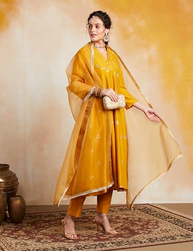Image of Amazon Brand - Myx Women's Embroidered Kalidar Kurta Pant Set with Organza Dupatta (Available in Plus Sizes)