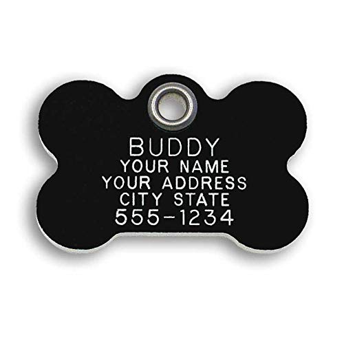 LuckyPet Pet ID Tag - Black Plastic Bone - Custom Engraved Metal Dog ID Tags - Engraved on Front,...