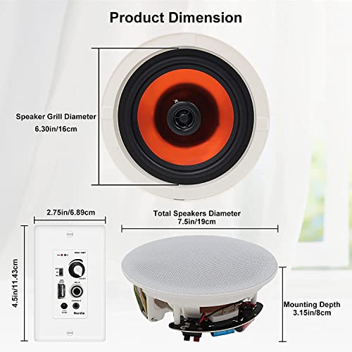 Herdio 6.5'' Bluetooth in Wall in Ceiling Speakers 600W 2-Way Flush Mount Speakers System with Wall Amplifier Receiver for Home Theater Office Bathroom(2Pairs, Paintable-Grille) - Image 7