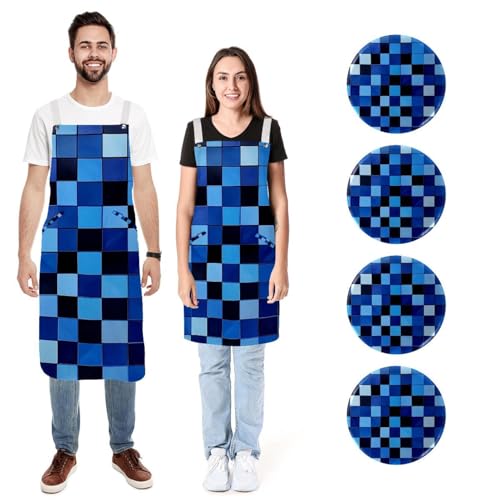 Tabliers de cuisine en lin anti taches réglables motif bleu