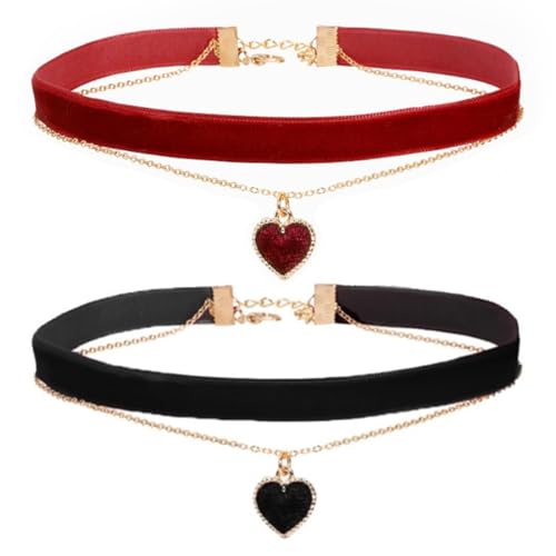 Montrestar 2 Stück Choker Kette Damen Schwarz Rot, Herz Halsband Velvet Verstellbare, Samt Chocker Kette Halskette Schmuck für Damen Mädchen Party Cosplay Halloween Deko und Geschenke