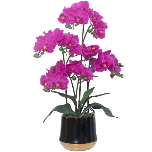 VIVIFLO Flores artificiales de orquídeas en jarrón de cerámica, orquídea sintética púrpura realista, arreglos de plantas falsas para decoración del hogar y centro de mesa de interior (juego de 4