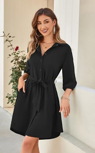 Image of ECOWISH Womens Button Shirt Dress with Pockets Fall Summer Short Mini Dresses Long Sleeve 3 /4 Sleeve Long Tunics Blouse Belt