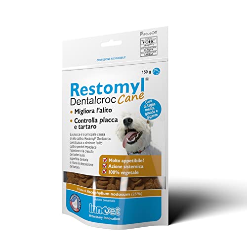 Restomyl Dentalcroc, Supporto nutrizionale, Migliora l'alito. Previene la Formazione di Placca e Tartaro dei cani - Confezione con busta da 150 g