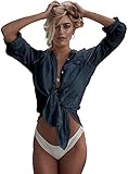 NLAND Camisas para Cubrir La Playa De Las Mujeres Camisas Sueltas con Cuello En V Bikini Cubrir Color Sólido Camisa con Botones Casual De Manga Larga Traje De Baño Cubrir con Bolsillos