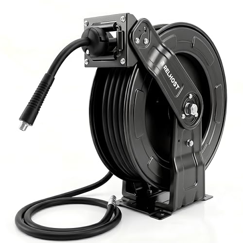 Relhost Pressure Washer Hose Reel 65 ft x 1/4 inch Retractable Power Washer Hose Reel Heavy Duty Steel Hose Reel with Dual Arms Auto Rewind 180 Swivel Ceiling